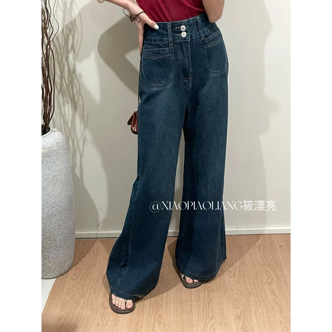 实拍复古牛仔裤女直筒高腰秋季新款口袋宽松显瘦阔腿裤8007#0.12