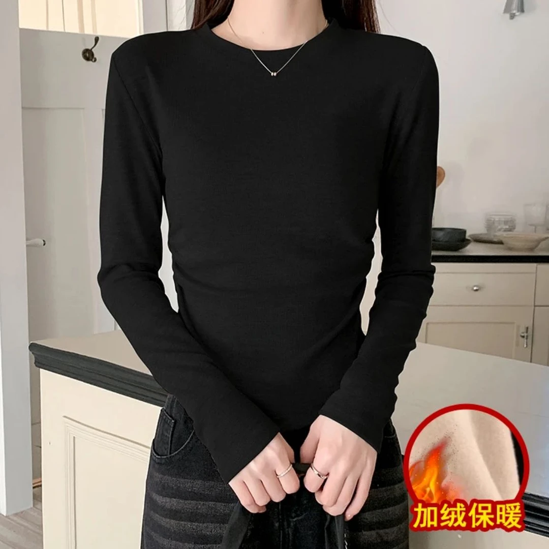 【加绒】秋冬韩版圆领不规则褶皱设计修身百搭简约显瘦上衣1365#0.1