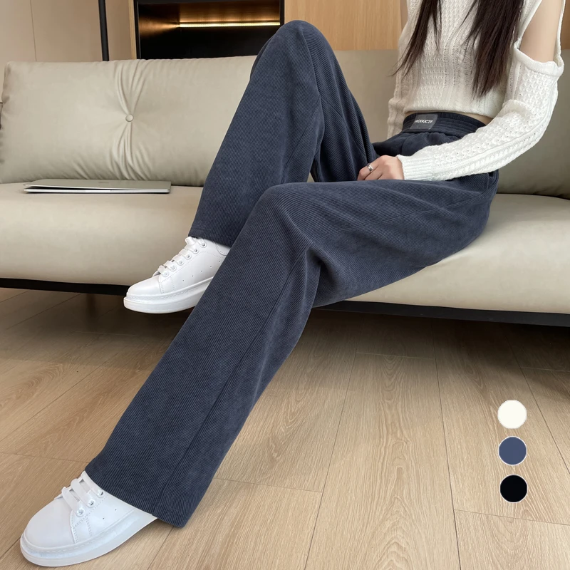 秋冬欧棉绒阔腿裤女显瘦加绒宽松大码直筒加厚九分小个子条绒长裤