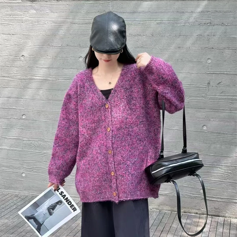 高级感复古紫色毛衣开衫外套女2024秋冬新款慵懒风宽松软糯针织衫