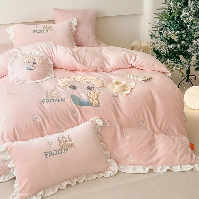 慕宸【儿童款】冰雪奇缘 母婴A类刺绣牛奶绒四件套公主风学生三件套