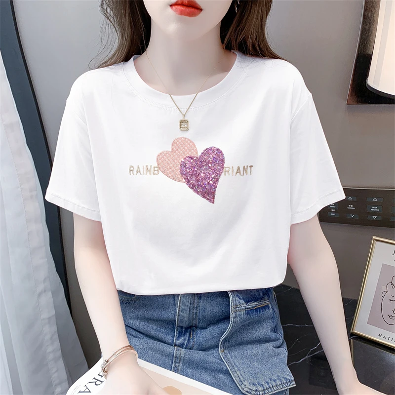 重工亮片刺绣白色t恤女夏装新款宽松休闲显瘦百搭圆领短袖上衣