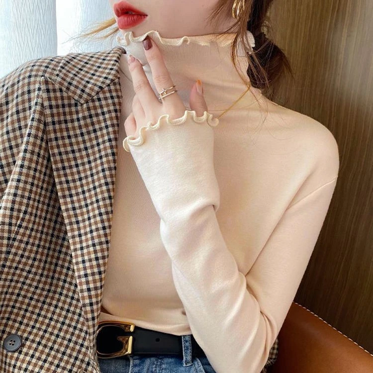 时尚木耳边高领打底衫女内搭秋冬新款修身长袖T恤百搭薄款上衣