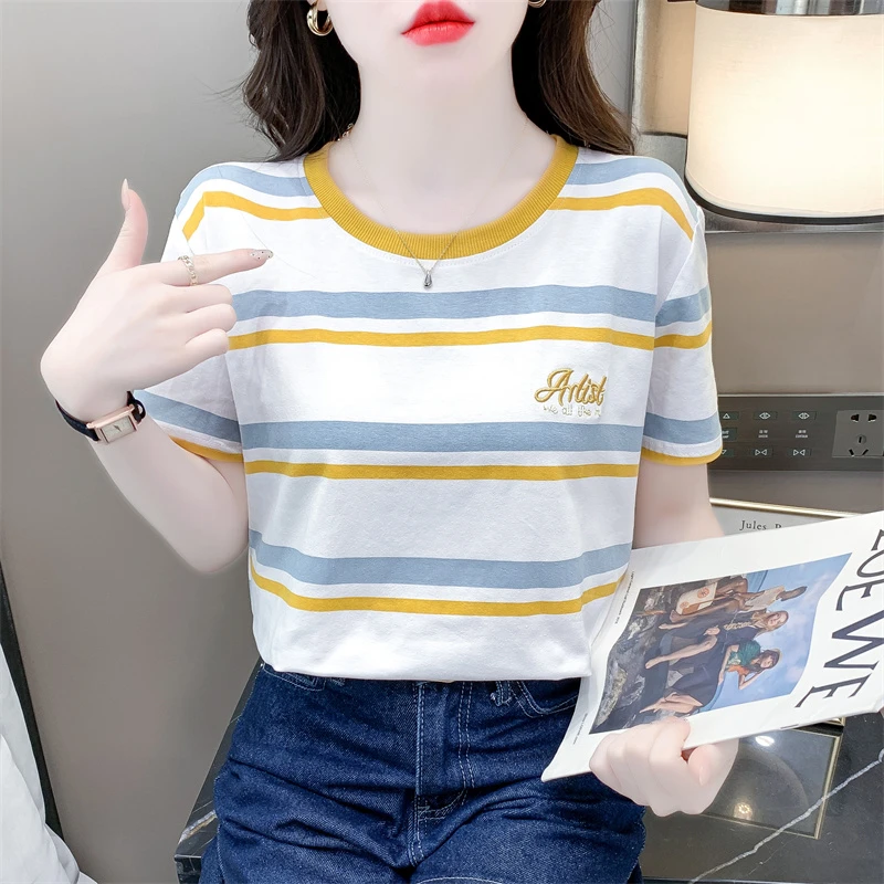 时尚撞色条纹短袖T恤女2024夏季新款韩版宽松刺绣百搭圆领上衣