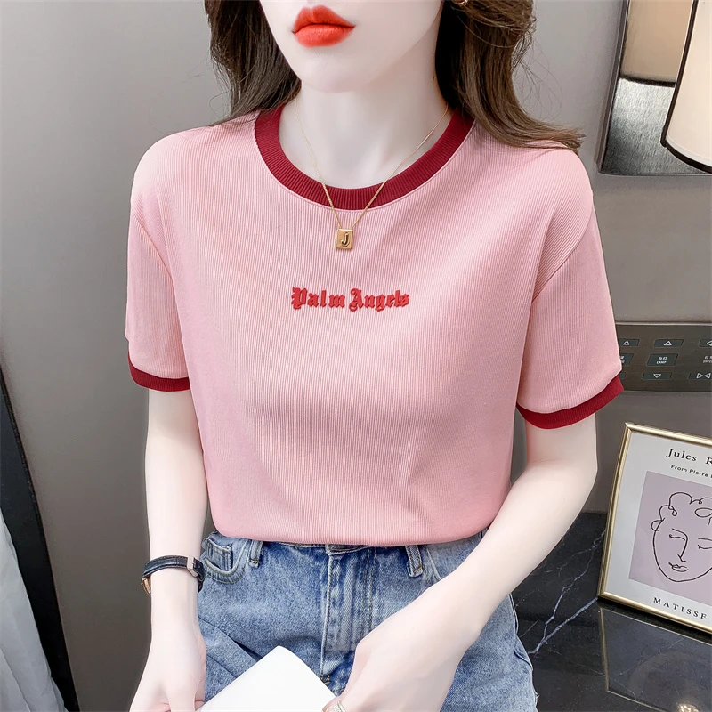 撞色短袖T恤女2023夏季新款韩版修身洋气字母压花设计感小众上衣