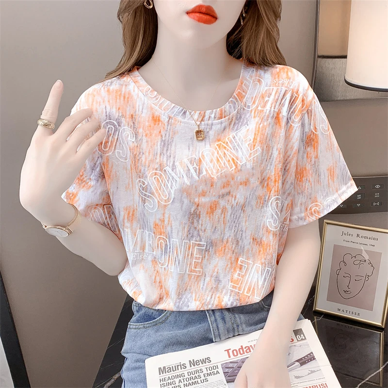高级感扎染印花短袖T恤女2023夏季新款宽松休闲显瘦圆领洋气上衣