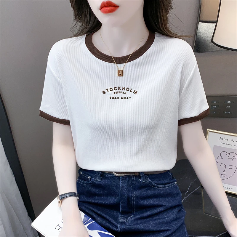 时尚撞色短袖t恤女夏季新款修身显瘦设计感小众圆领印花体恤上衣