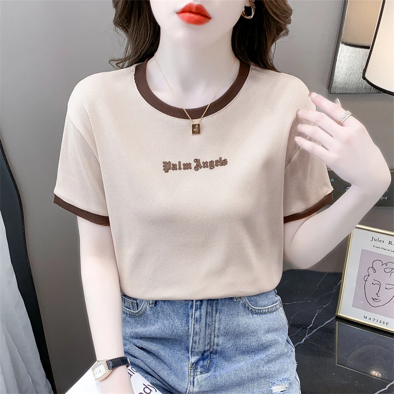时尚撞色短袖T恤女夏季新款韩版修身洋气字母压花设计感小众上衣