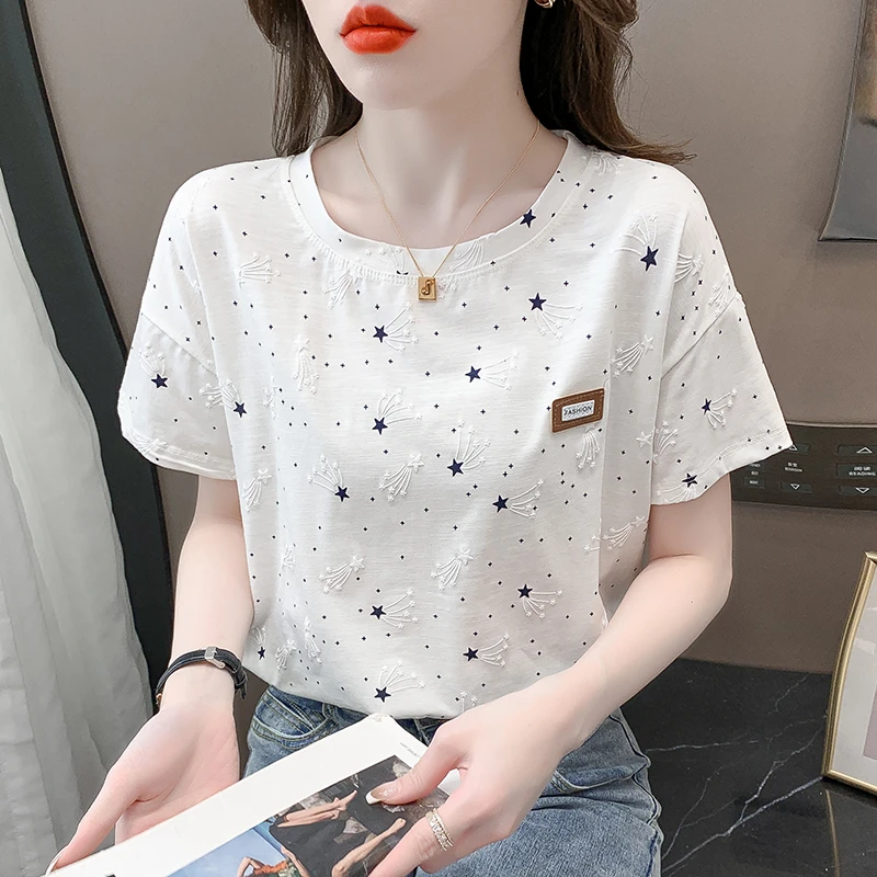 印花t恤女短袖夏装2024年新款宽松印花设计感百搭体恤上衣潮