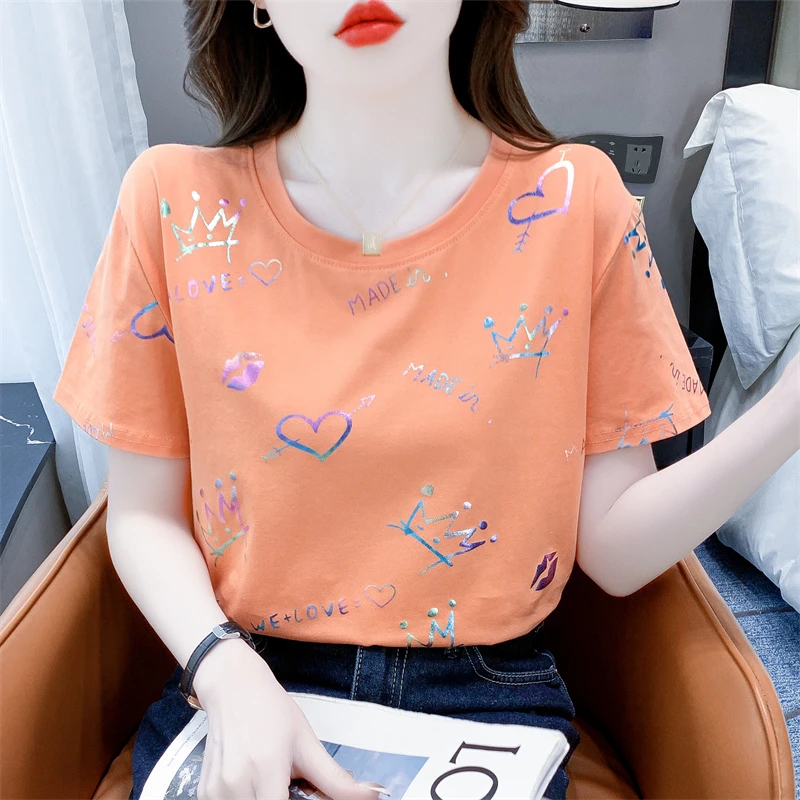 烫金短袖t恤女2024年夏季新款韩版宽松显瘦圆领体恤洋气ins上衣
