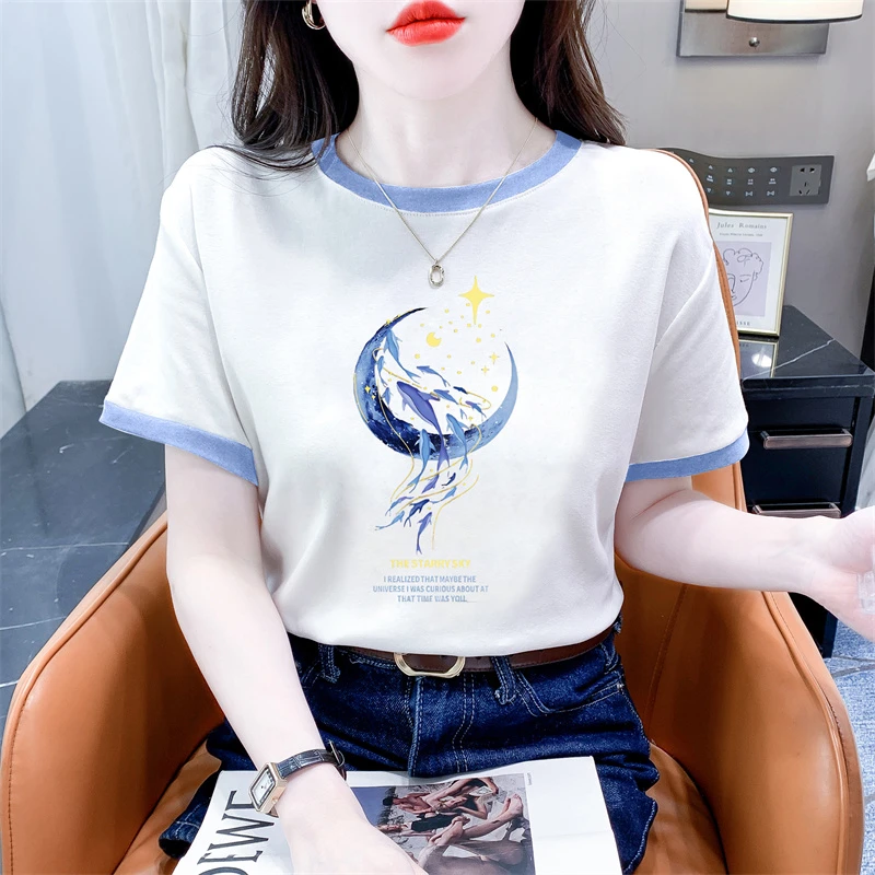 洋气撞色印花白色t恤女短袖夏季新款宽松显瘦百搭圆领体恤上衣