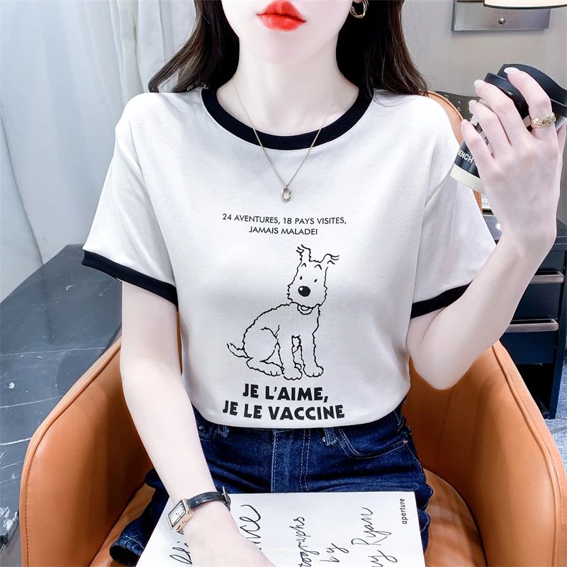 时尚撞色印花白色T恤女短袖夏季新款宽松休闲显瘦百搭圆领上衣