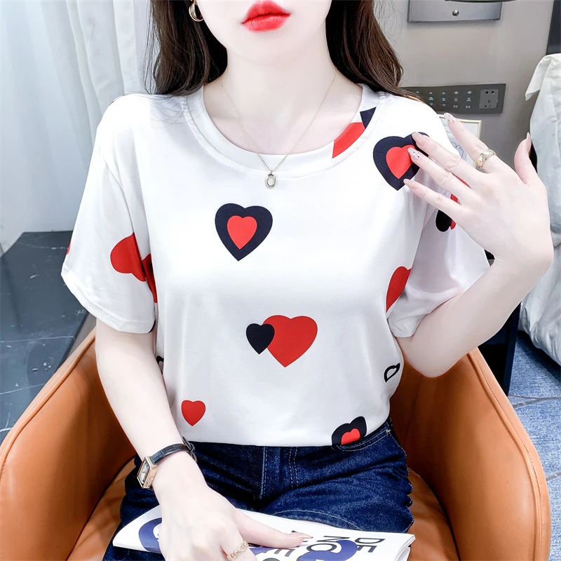 爱心印花短袖t恤女2025夏季新款女装体恤宽松洋气时尚女士上衣服