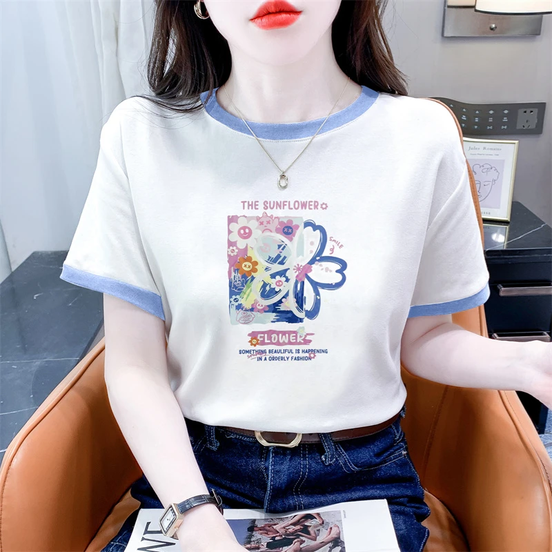 洋气印花拼接短袖t恤女夏季新款宽松圆领正肩百搭显瘦体恤衫上衣