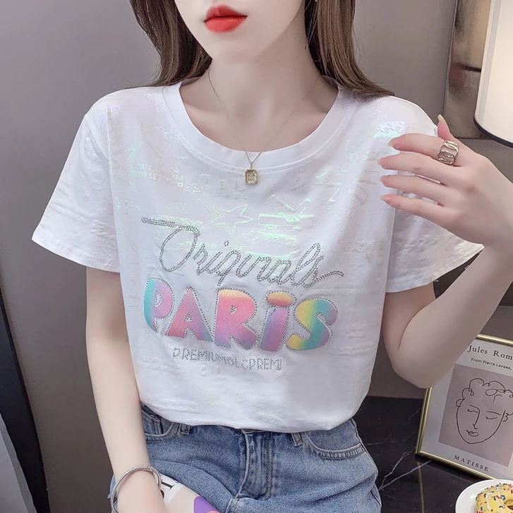 重工烫钻白色T恤女短袖2024夏新款宽松显瘦百搭体恤上衣
