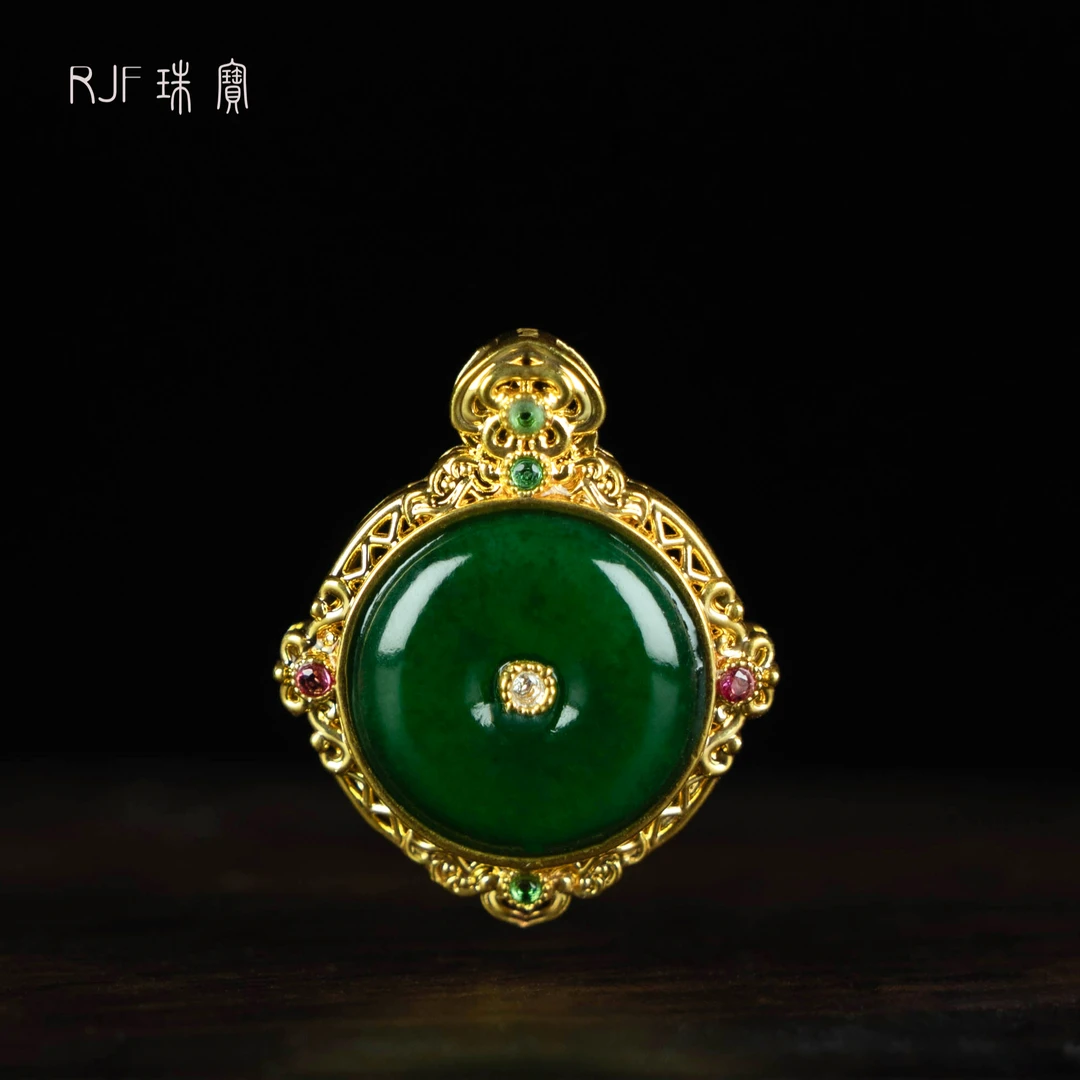 RJF【嘉宜】原创古法金镶嵌帝王绿翡翠平安扣气质百搭女士吊坠
