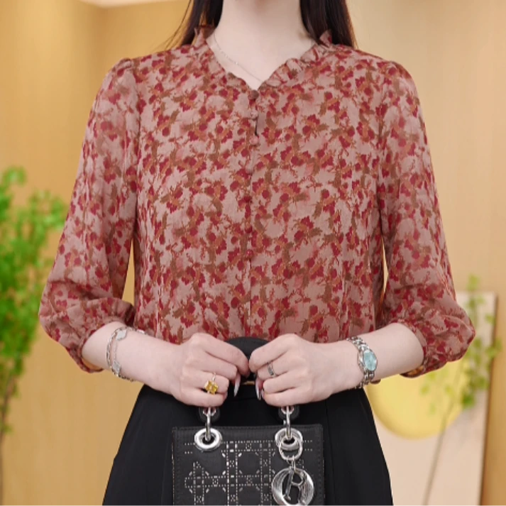 紫烟2025新款红落叶花边领设计感气质显瘦七分袖上衣K173金金