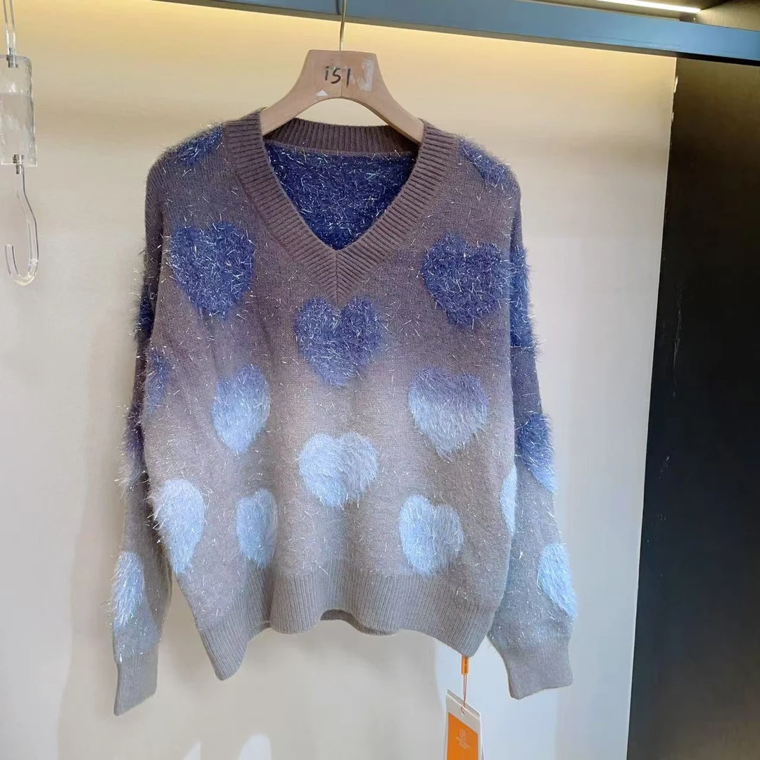 HK715859灰蓝色晕染针织上衣