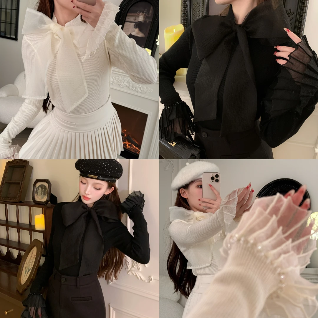 冰冰来了恋综女孩法式高级感蝴蝶结系带针织衫简约修身上衣26509