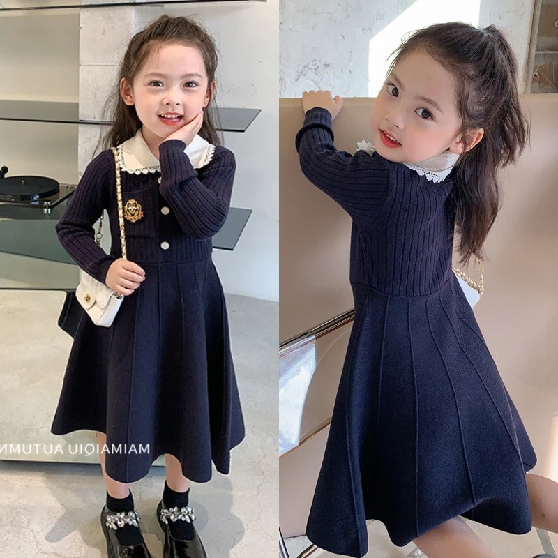 女童2025春秋季新款宝宝学院风毛织裙儿童长袖翻领洋气毛衣连衣裙