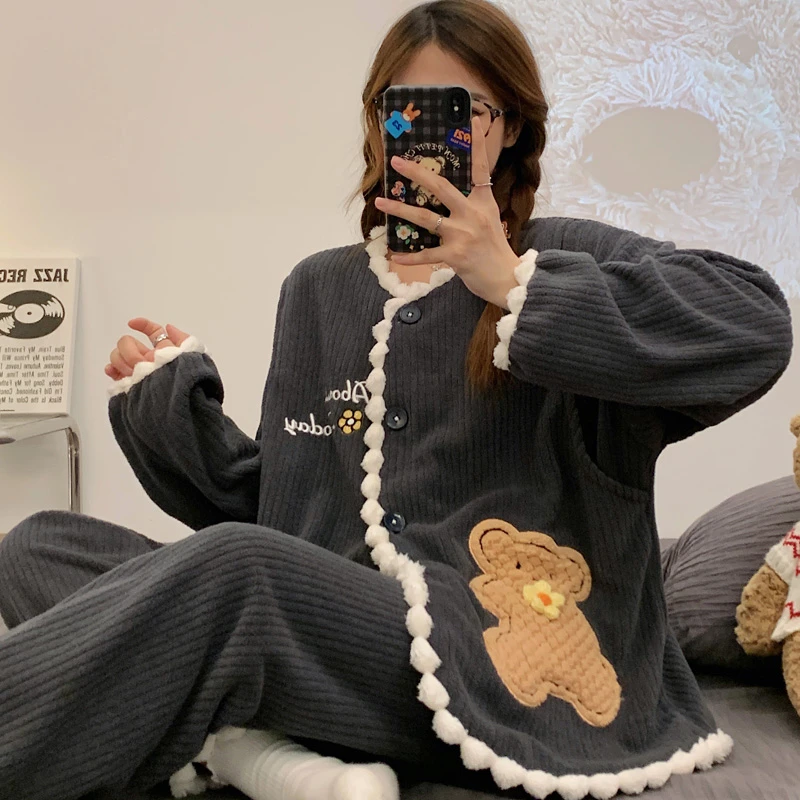 秋冬季孕妇睡衣加绒加厚外穿产后月子服哺乳喂奶10-12月份家居服