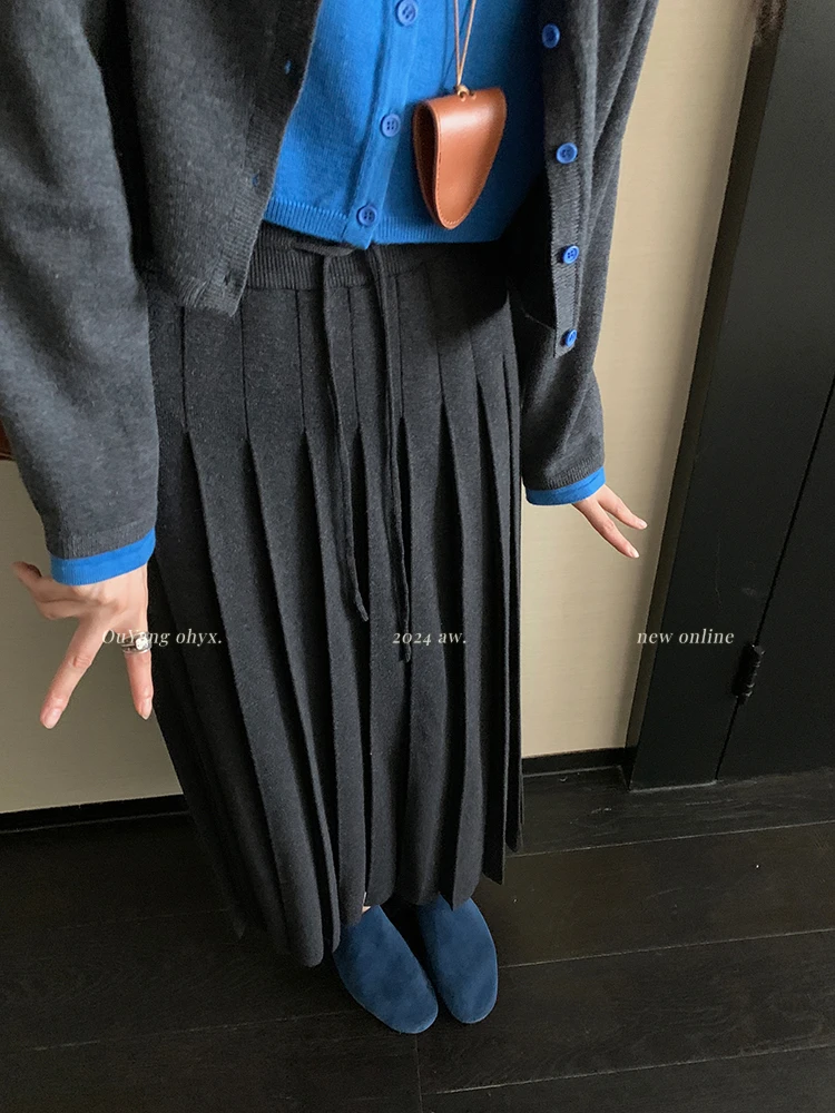 针织半身裙女秋季气质百搭淑女高腰显瘦短裙百褶裙中长款A字裙子