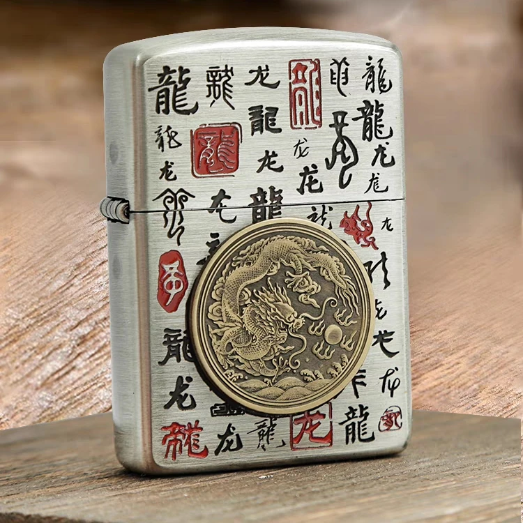 ZIPPO东方神龙正品打火机填漆贴章男士高档双面银色防风DY9910TZ