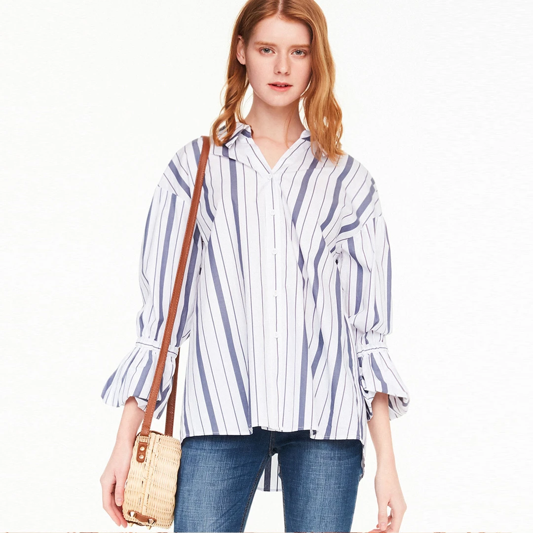 super.natural【NC38】女士条纹荷叶袖衬衫时尚宽松休闲气质衬衫
