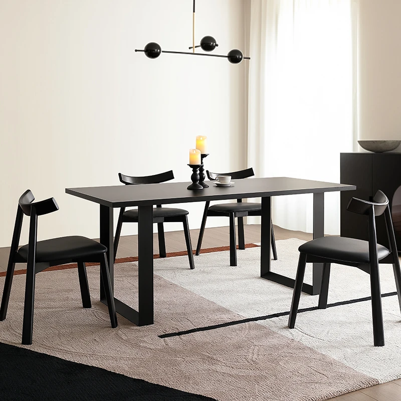 吃饭桌极简岩板餐桌家用意式现代黑色风长条餐桌椅创意饭桌新家具