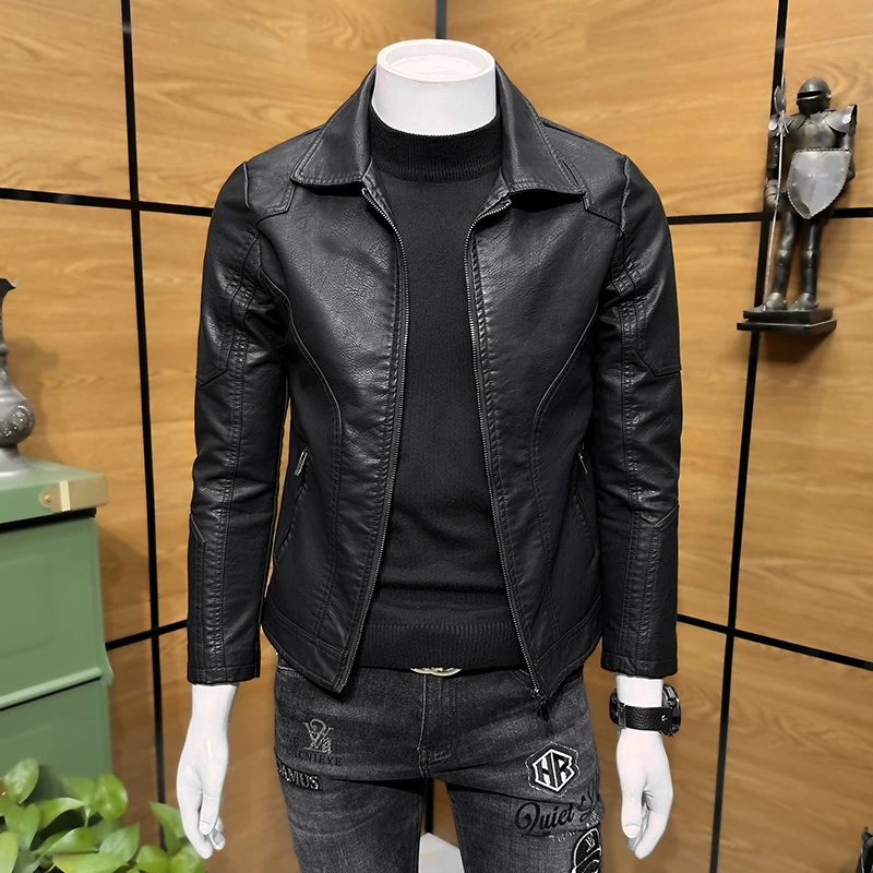 皮衣外套男春秋冬季加厚潮牌帅气短款2024新款休闲帅气机车皮夹克