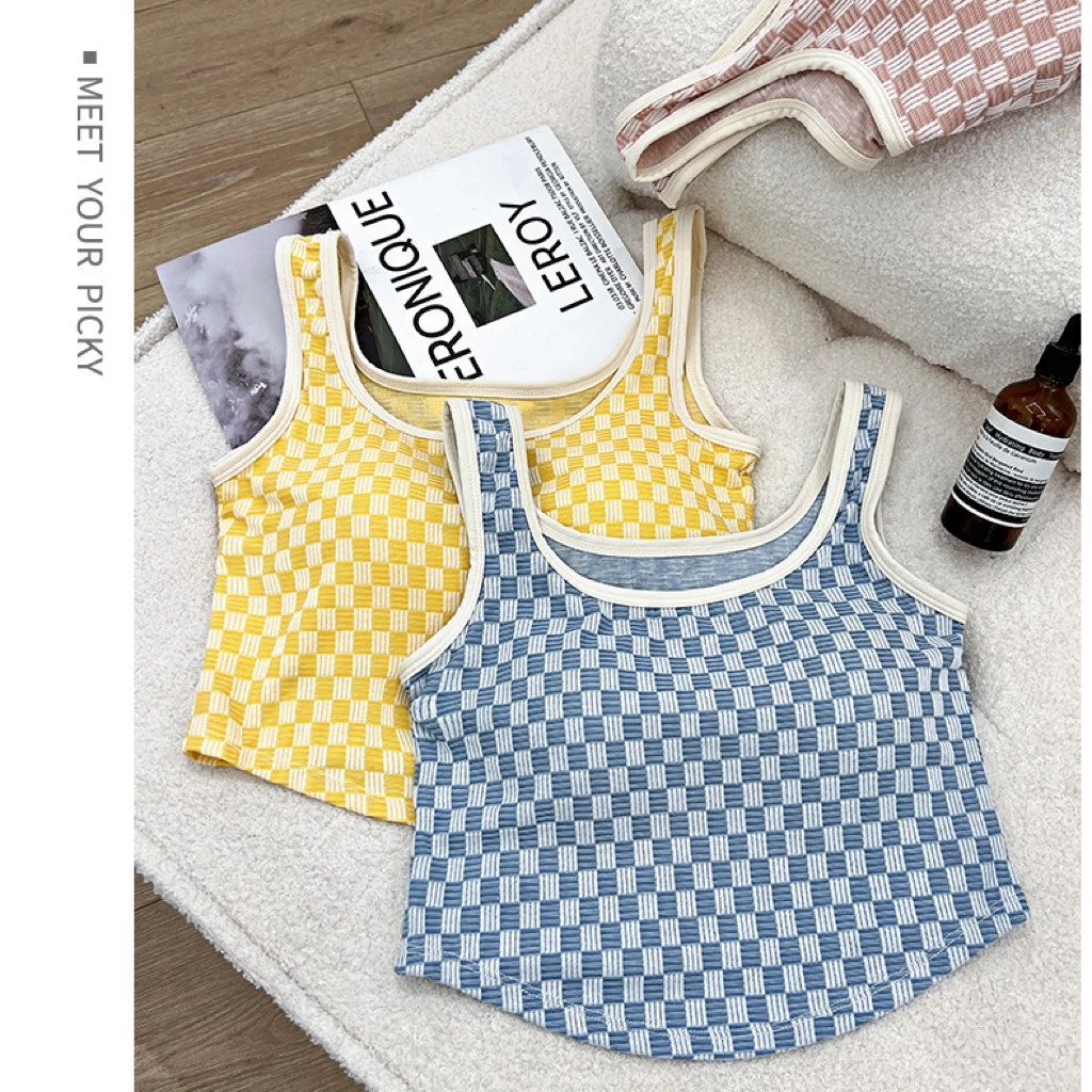 韩版棋盘格美背背心免穿内衣一体式百搭外穿女士吊带格子背心内衣