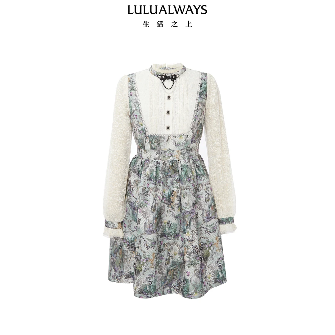 LULUALWAYS【尤莱特】24秋季新款优雅淑女别致手工盘扣印花连衣裙