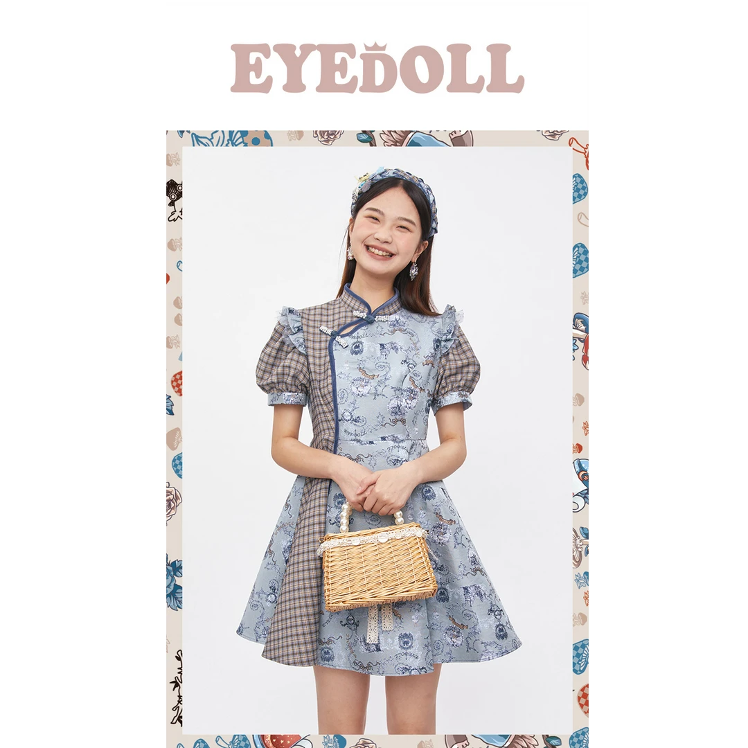【高高甄选】EYEDOLL秋季立领盘扣泡泡袖新中式格子连衣裙