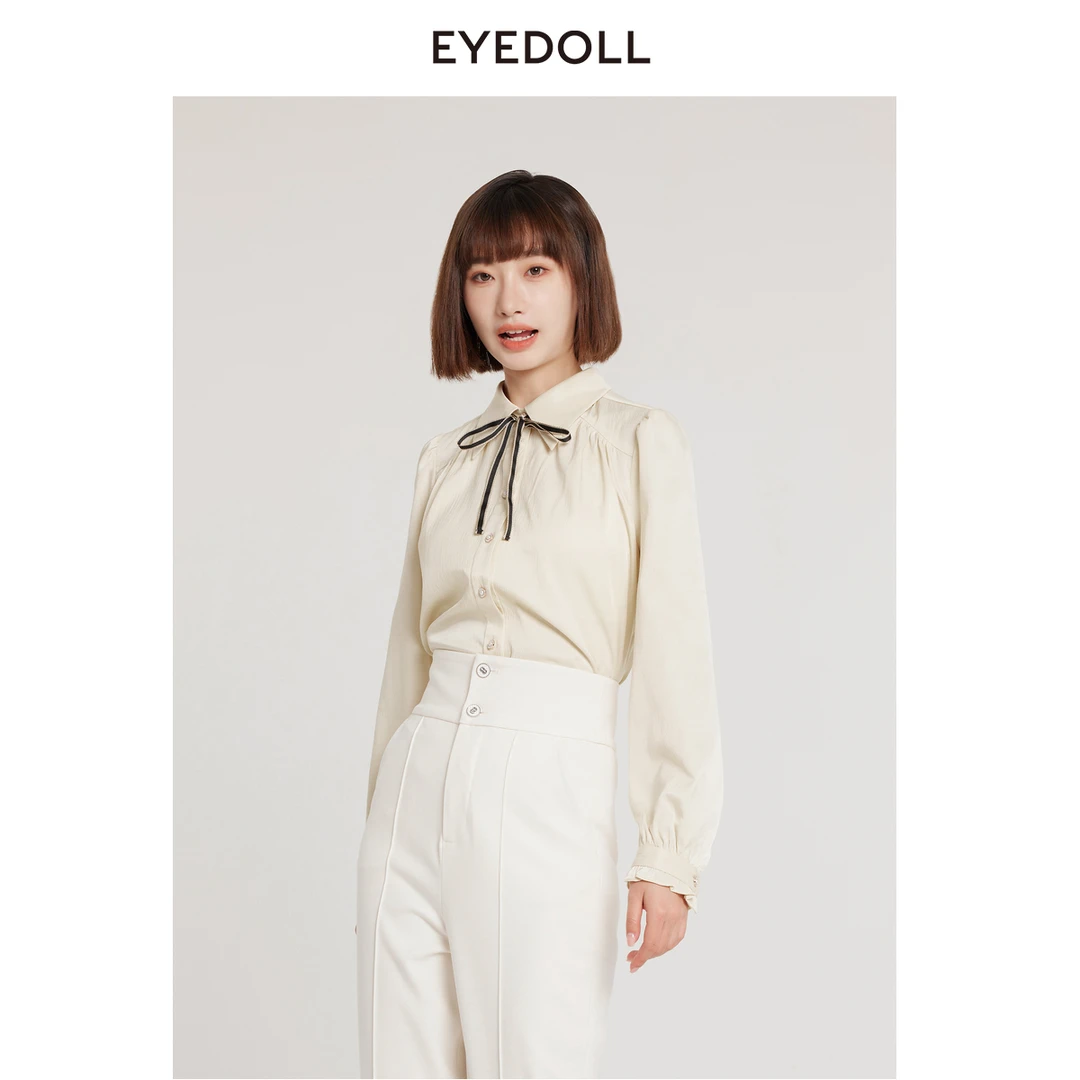 【老板娘夏天】EYEDOLL春季新款温柔飘带奶油黄肌理衬衫