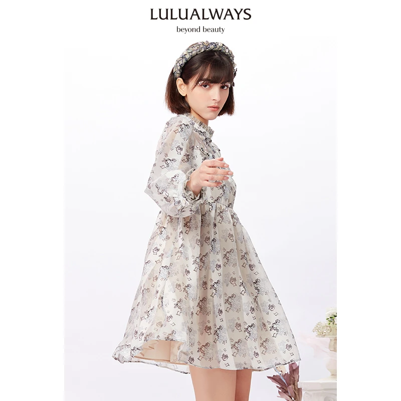 【高高甄选】LULUALWAYS春季法式网纱印花中长款连衣裙LNA5072