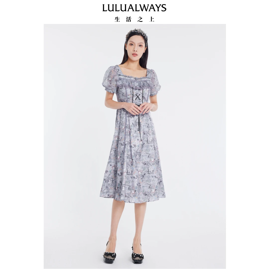 LULUALWAYS【尤莱特】24夏季优雅方口领提花中长款蕾丝女装连衣裙