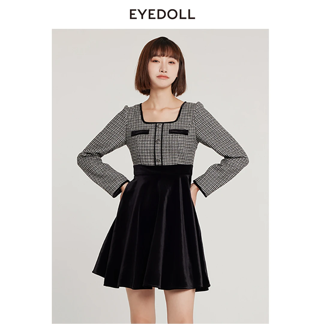 【程钱钱】EYEDOLL【商场同款】春季新款浪漫格子拼接方领短款连衣裙