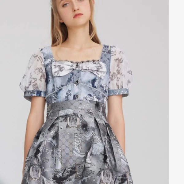 【千颂妮专享】LULUALWAYS宫廷风纱质印花连衣裙LNC5002