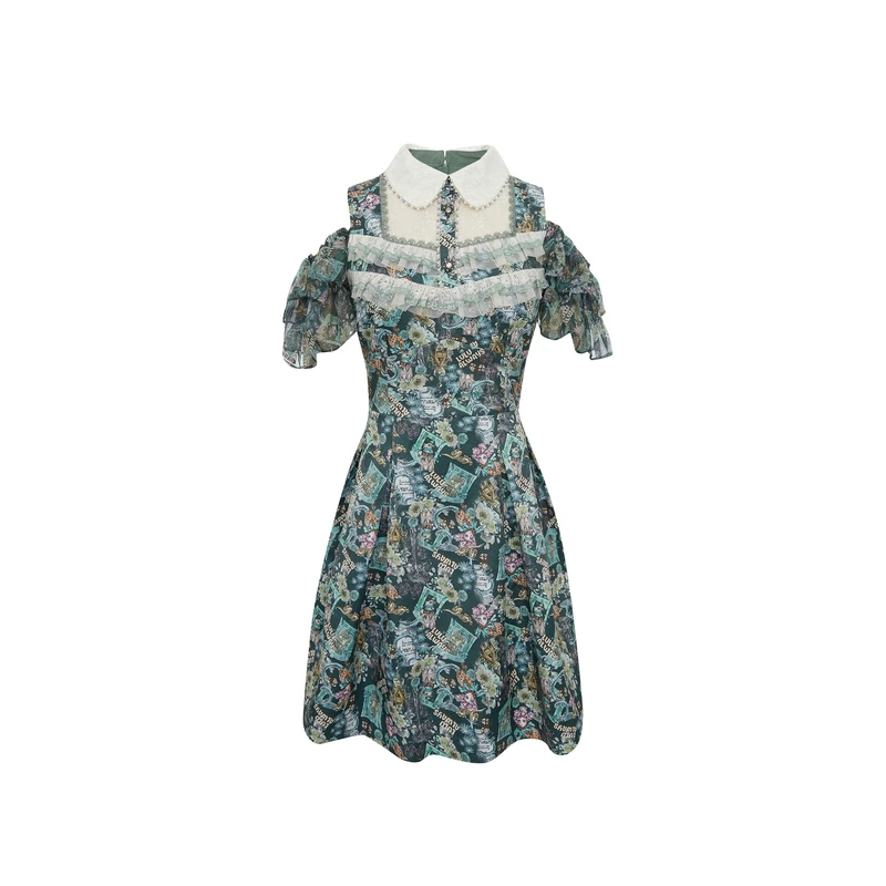 LULUALWAYS娃娃领露肩袖短款连衣裙