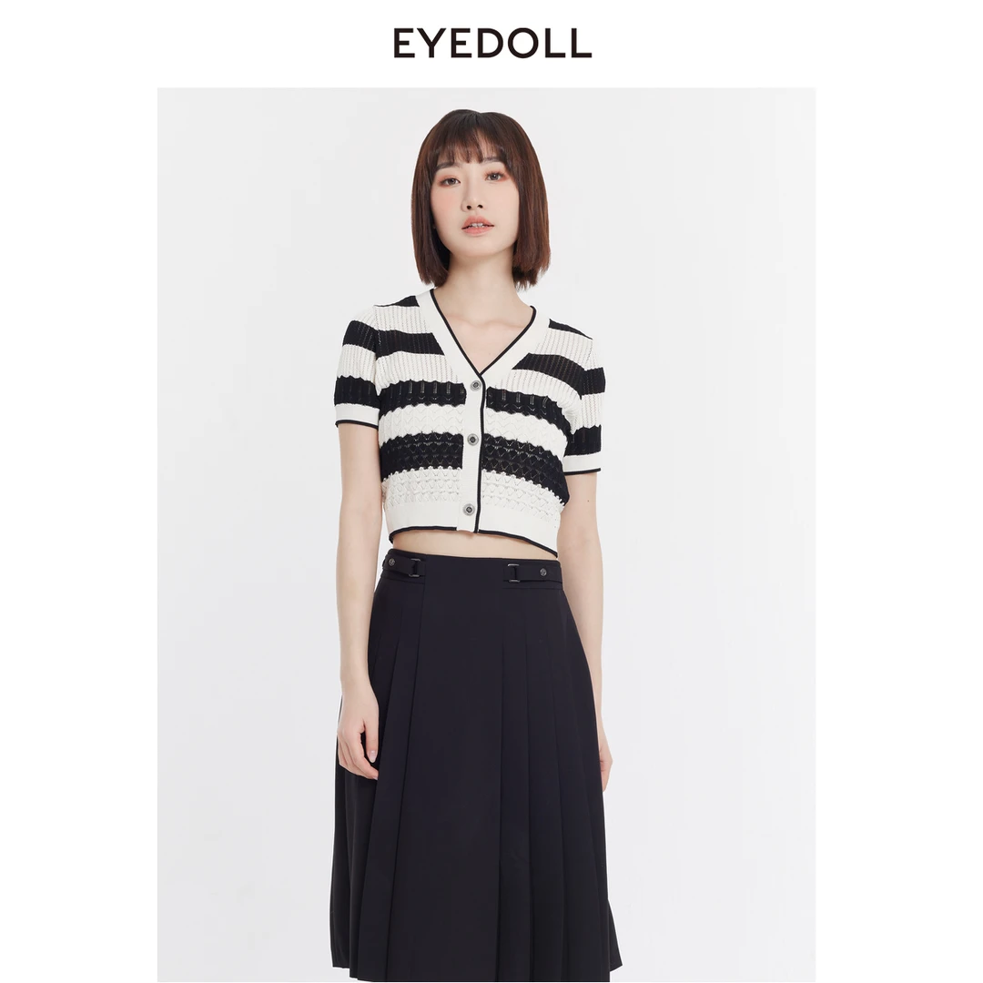 【媛媛女王】EYEDOLL【商场同款】夏季V领黑白条纹针织开衫