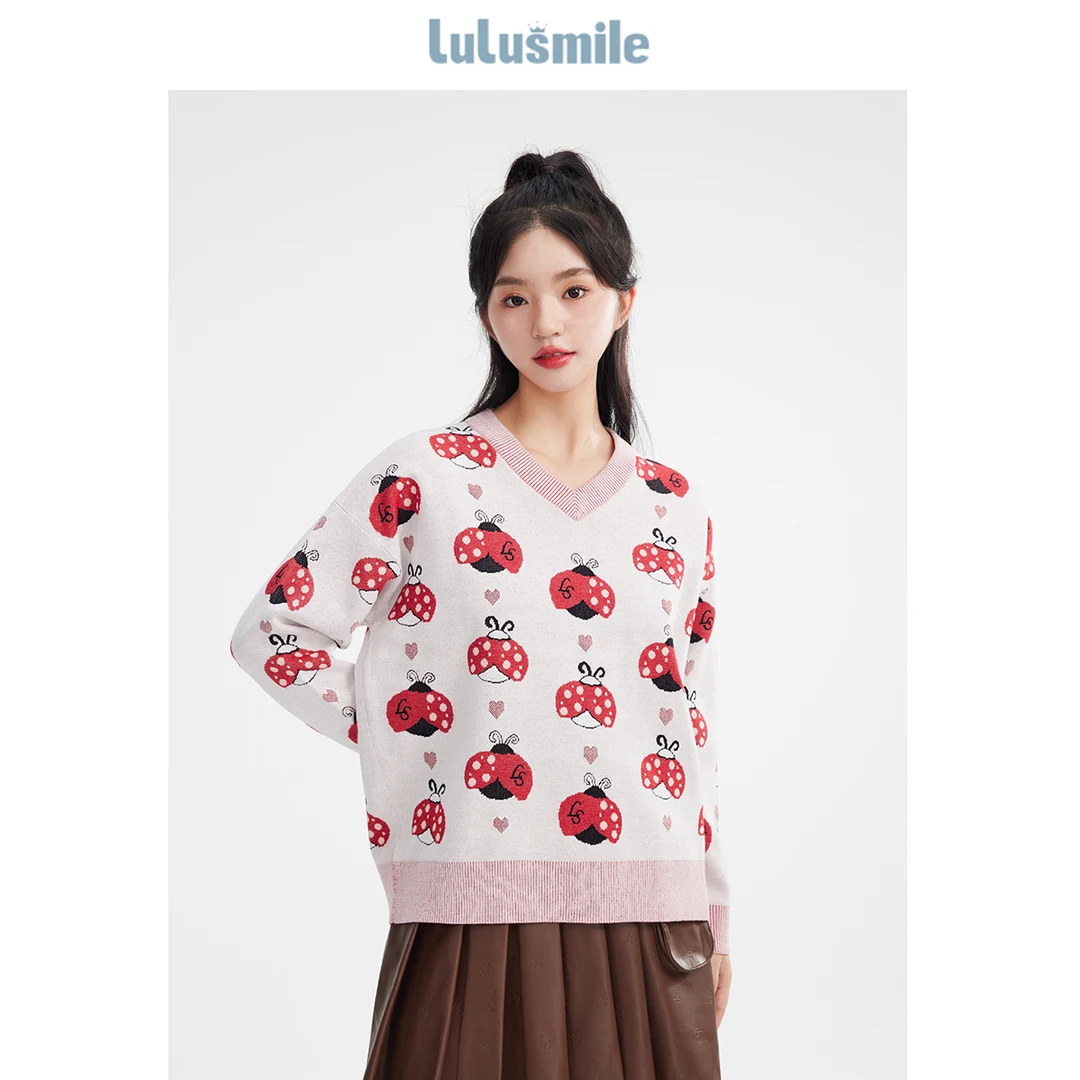 lulusmile新款瓢虫印花白色针织套头衫