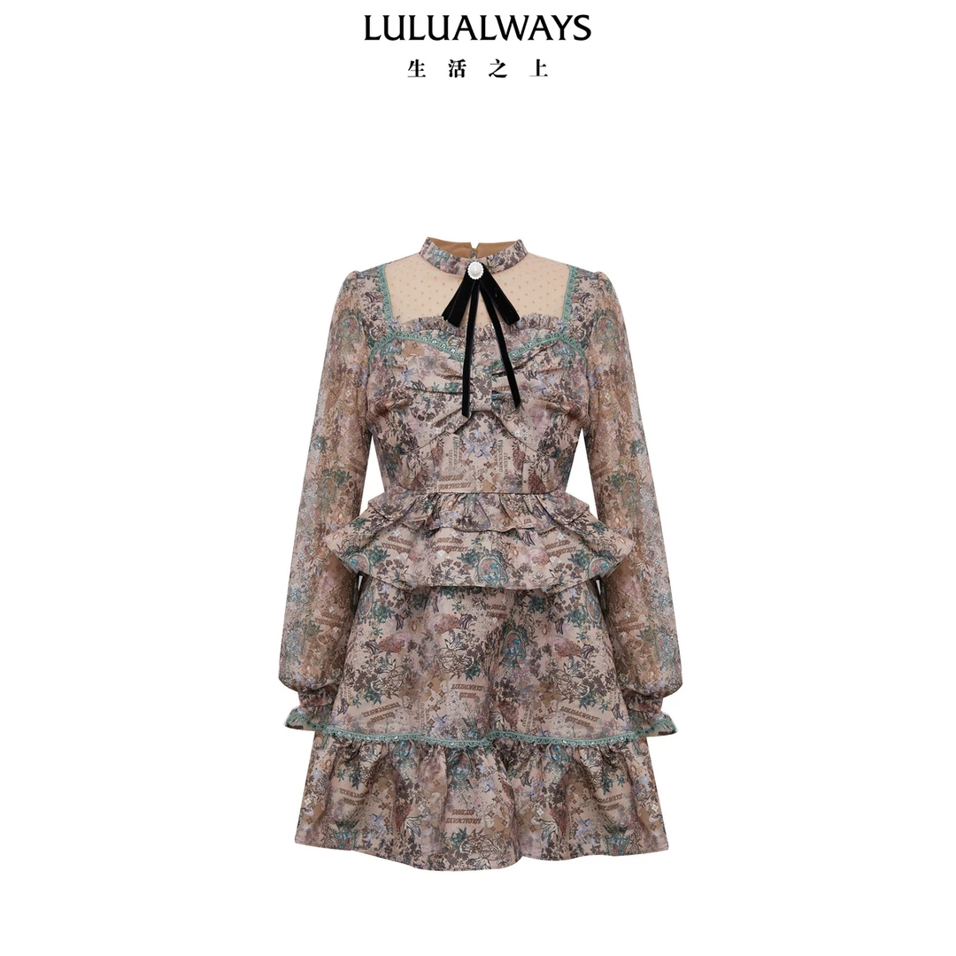 24冬季新款法式浪漫公主裙高腰短款提花连衣裙