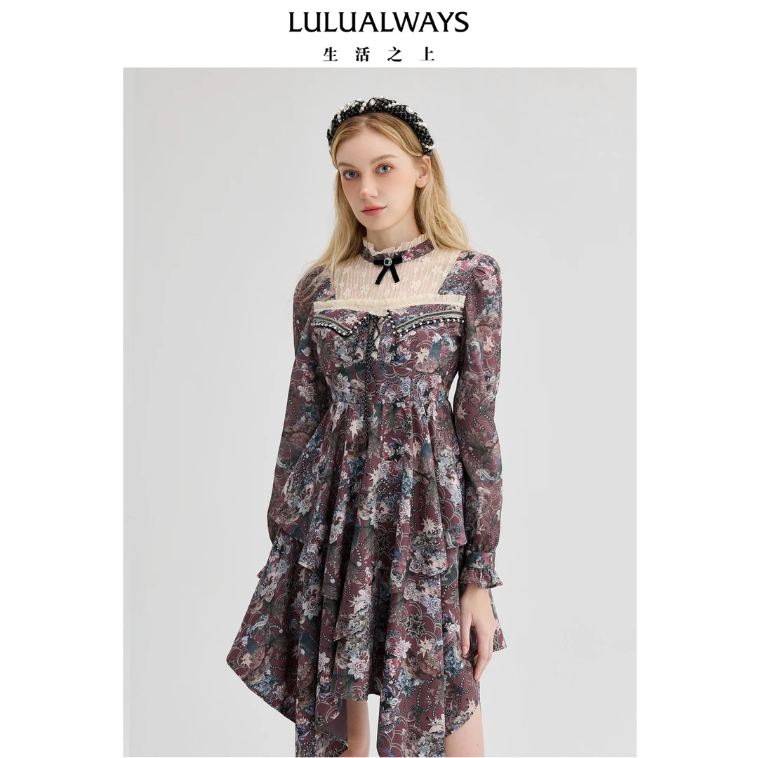 LULUALWAYS我爱露露24冬季新款复古宫廷风不规则裙摆提花连衣裙女