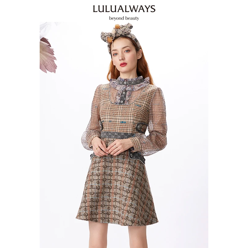 【高高甄选】LULUALWAYS格子提花网纱收腰连衣裙LMD5059
