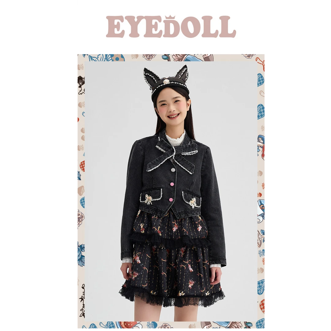 【高高甄选】EYEDOLL小众结V领牛仔长袖短外套