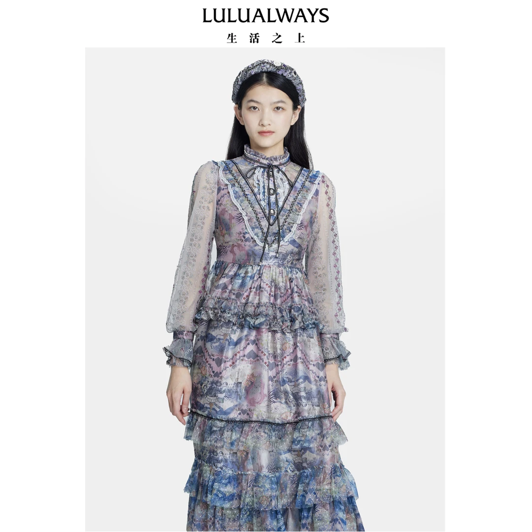 【高高甄选】LULUALWAYS秋新款文艺花色蕾丝长袖连衣裙LOC5039
