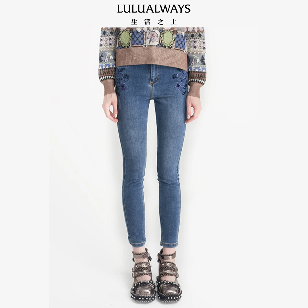 LULUALWAYS直筒牛仔裤高腰小脚铅笔紧身裤LNC3008