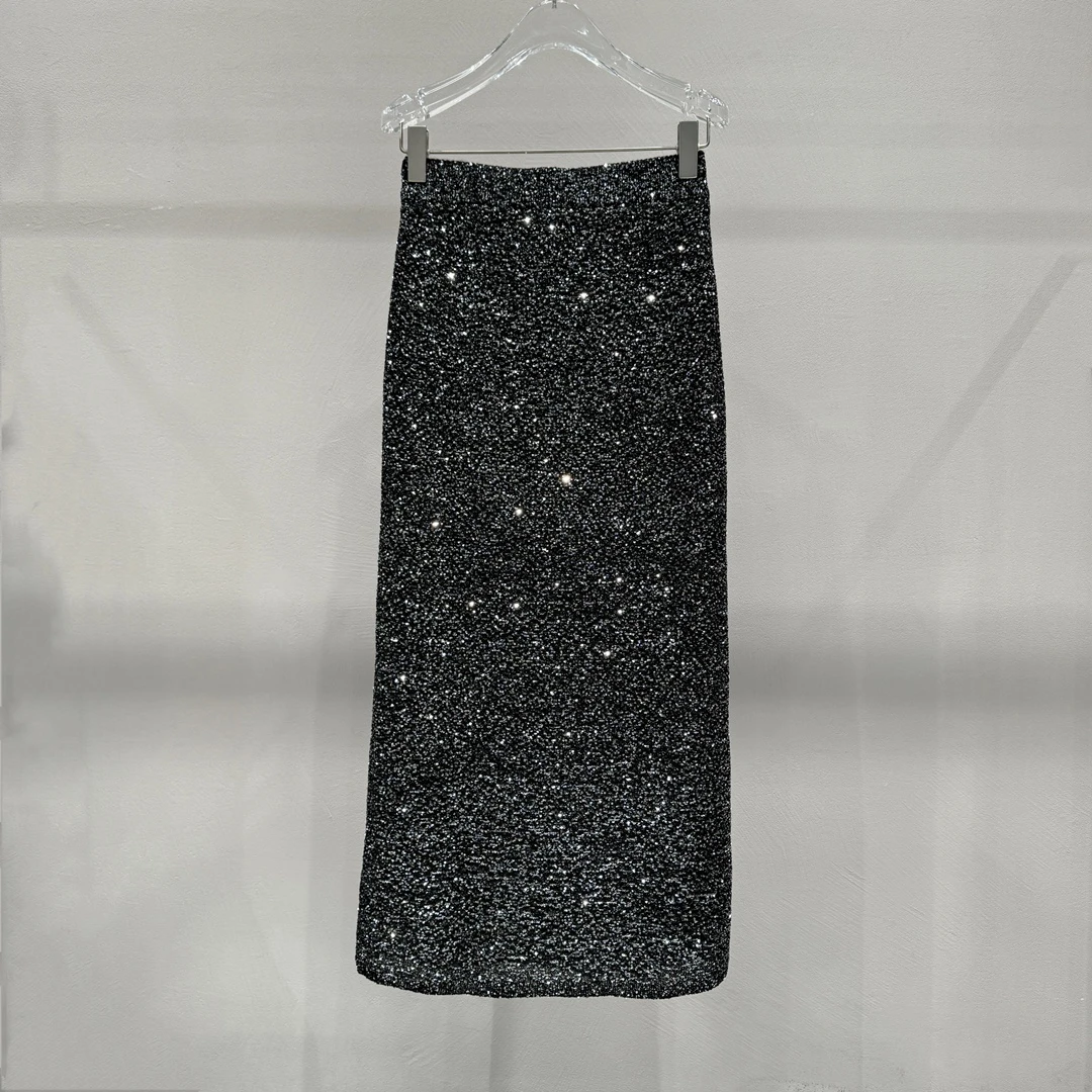 艾家同款2024冬新款高腰亮片中长半身裙直筒裙包臀裙41213576