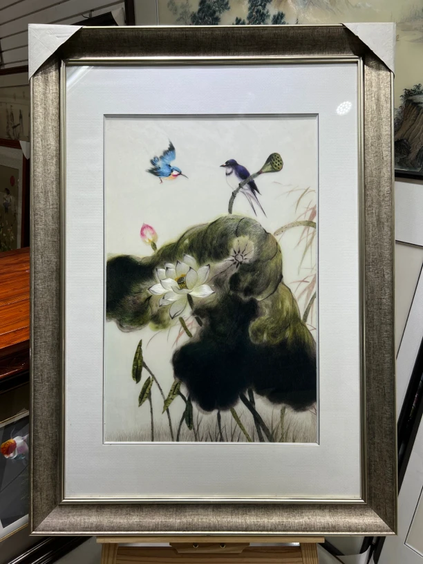 苏绣成品纯手工单面绣客厅挂画珍藏品荷花1-6丝带框115×70cm