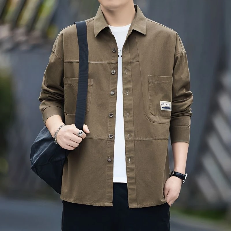 保罗春季新款100%纯棉男士长袖工装衬衫港风外套宽松休闲上衣男